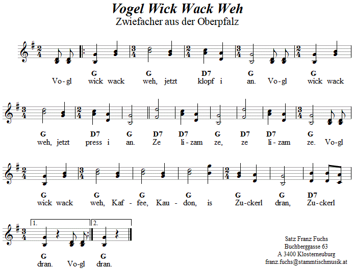 Vogel Wick Wack Weh, Zwiefacher in zweistimmigen Noten. 
Bitte klicken, um die Melodie zu hren.