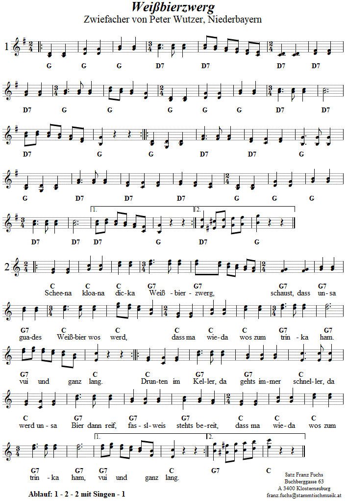 Weibierzwerg, Zwiefacher von Peter Wulzer in zweistimmigen Noten. 
Bitte klicken, um die Melodie zu hren.